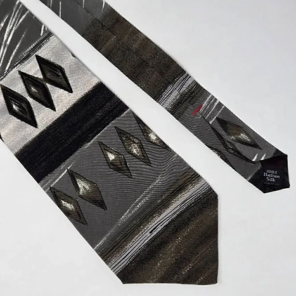 CONTE DI MILANO MADE IN ITALY SILK TIE GRAY OLIVE DIAMOND WATERCOLOR 4